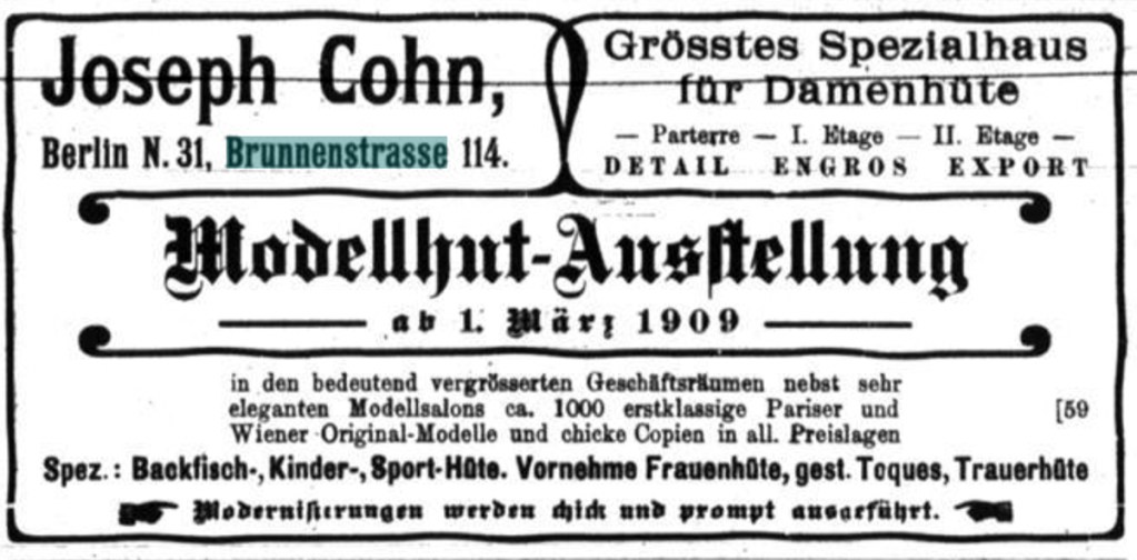Anzeigen für die große Auswahl an Damenhüten bei Cohn, Anzeigen. Quelle: Die jüdische Presse, 26. Februar 1909.