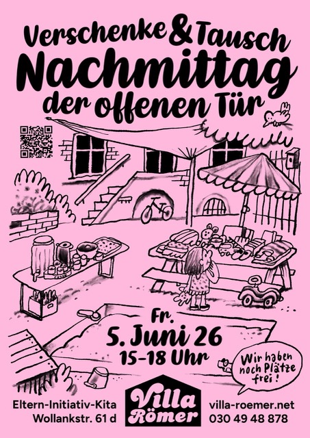 Plakat für den Tauschnachmittag in der Kita Villa Römer in der Wollankstraße. Grafik: Kita Villa Römer