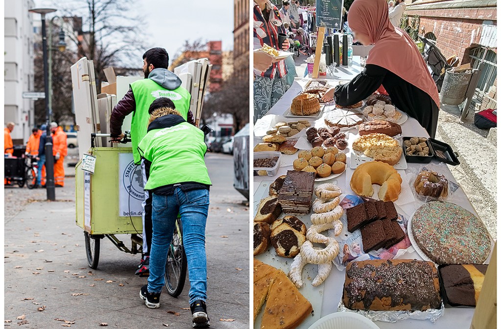 Zwei Blitzjobbees beim BSR-Kieztag. Rechts: Ein Blitzjobbee am Essensstand des Weiterreich-Babyflohmarkts. Foto: Hensel
