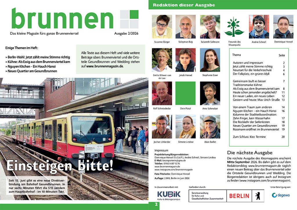 Cover und zweite Seite der Kiezmagazin-Ausgabe "Einsteigen bitte!"
