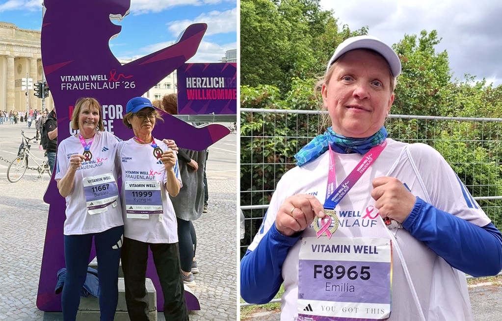 Barbara und Kyong Hin vom Lauftreff Brunnenviertel beim Frauenlauf in diesem Jahr. Rechts ist Emilia zu sehen. Fotos: privat