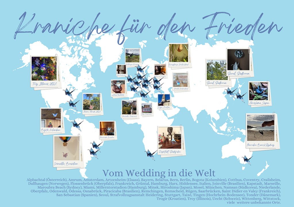 Weltkarte mit Fotos von weit gereisten Kranichen, die im Wedding gefaltet wurden. Grafik: Ev. Kirchengemeinde am Gesundbrunnen