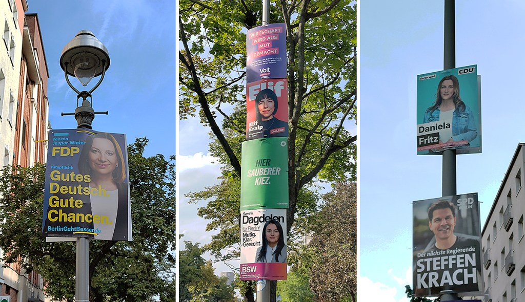 Wedding kurz und knapp: Die Plakate zur Berlin-Wahl im September hängen an den Laternenmasten im Stadtteil. Fotos: Hensel