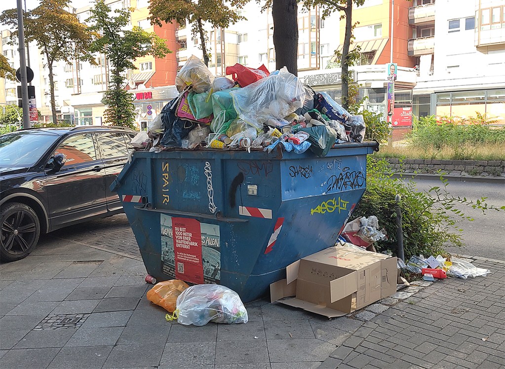 Der meiste Müll liegt im Container, aber ein Teil liegt hier in der Brunnenstraße auch daneben. Wird der Container nicht zeitnah abgeholt, entsteht schnell eine Dreckecke. Foto: Hensel
