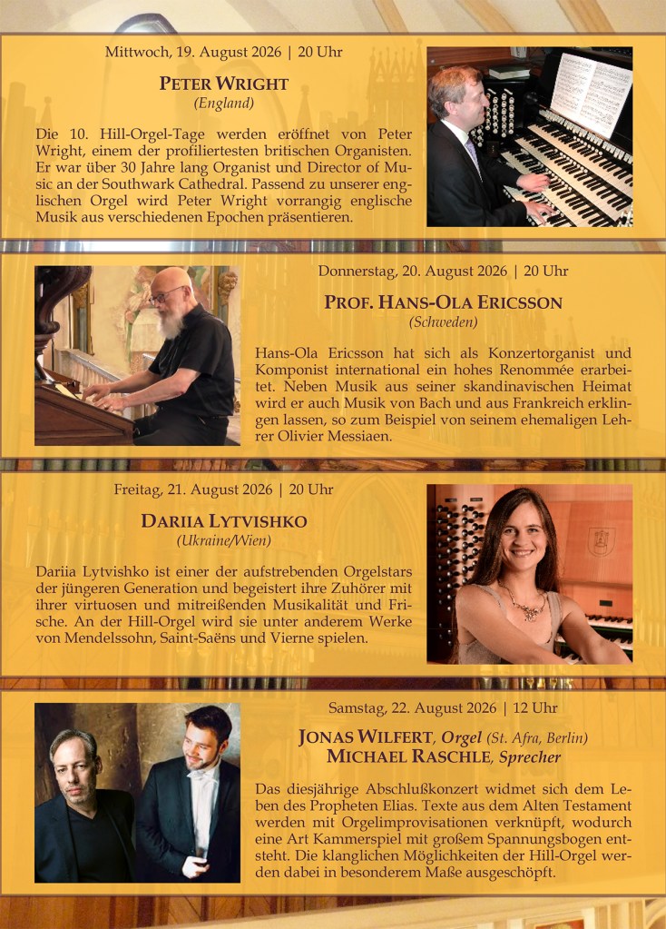 Das Plakat für die 10. Hill-Orgel Tage 2026. Grafik: Institut Philipp Neri