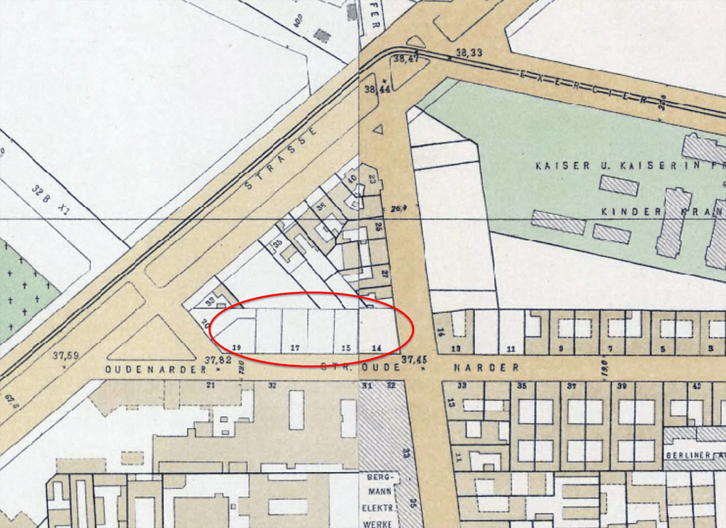 Historischer Stadtplan mit markiertem Standort von Karl Joels Versandhandel an der Oudenarder Straße