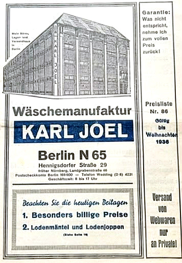 Preisliste der Wäschemanufaktur Karl Joel in Berlin N 65 von 1936 mit Abbildung des Fabrikgebäudes