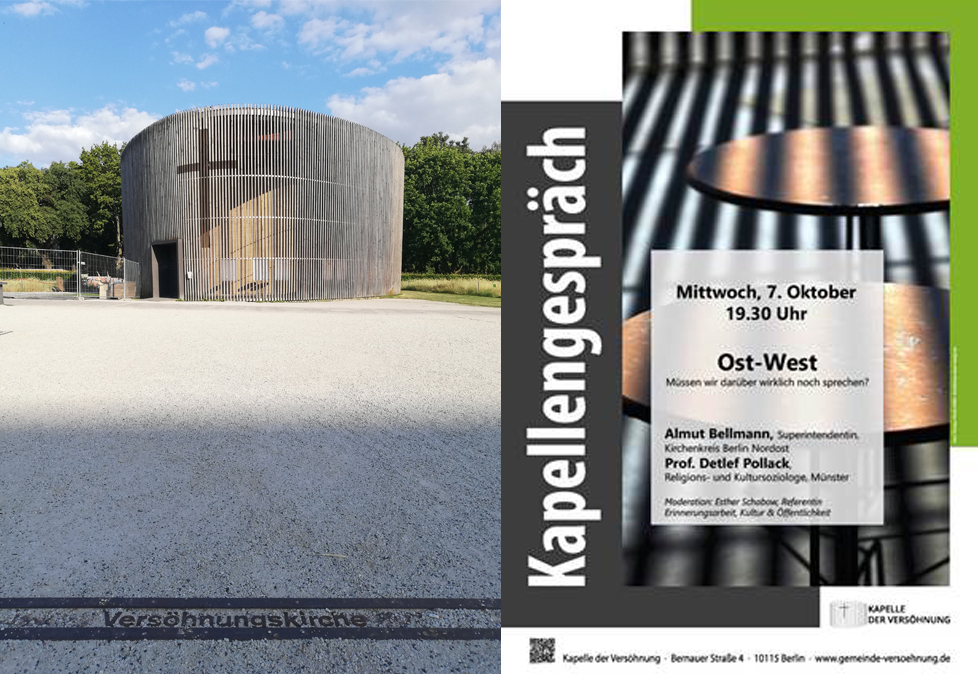 Kapelle der Versöhnung mit Plakat für das nächste Kapellengespräch zum Thema Ost-West