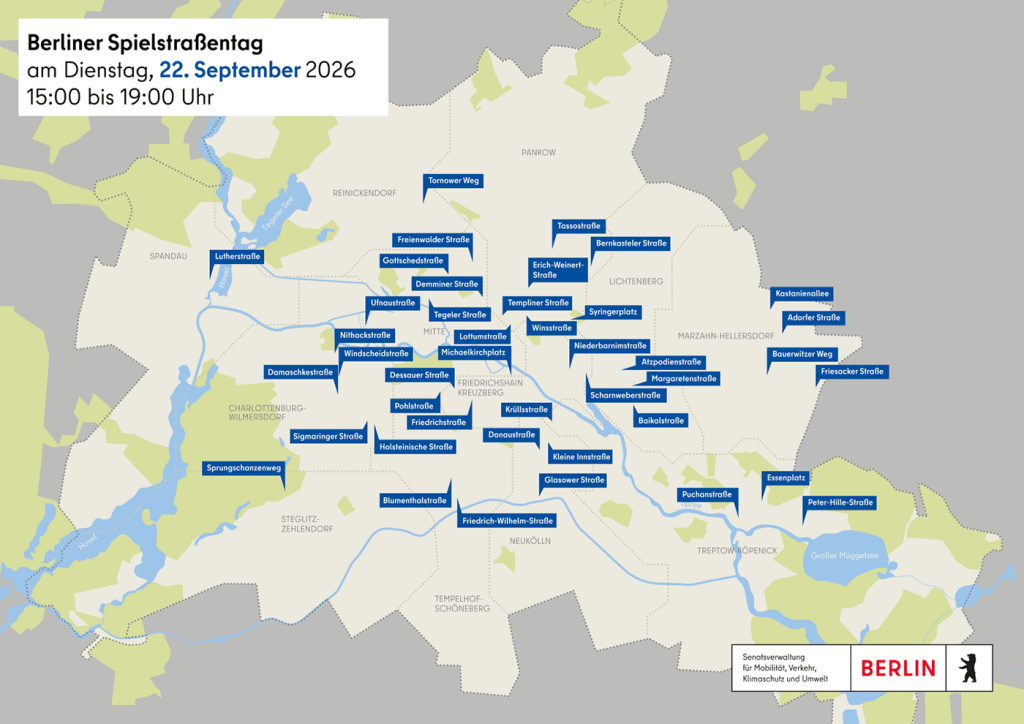 Karte der Spielstraßen beim Aktionstag am 22. September 2026 in Berlin mit den beteiligten Straßenabschnitten.