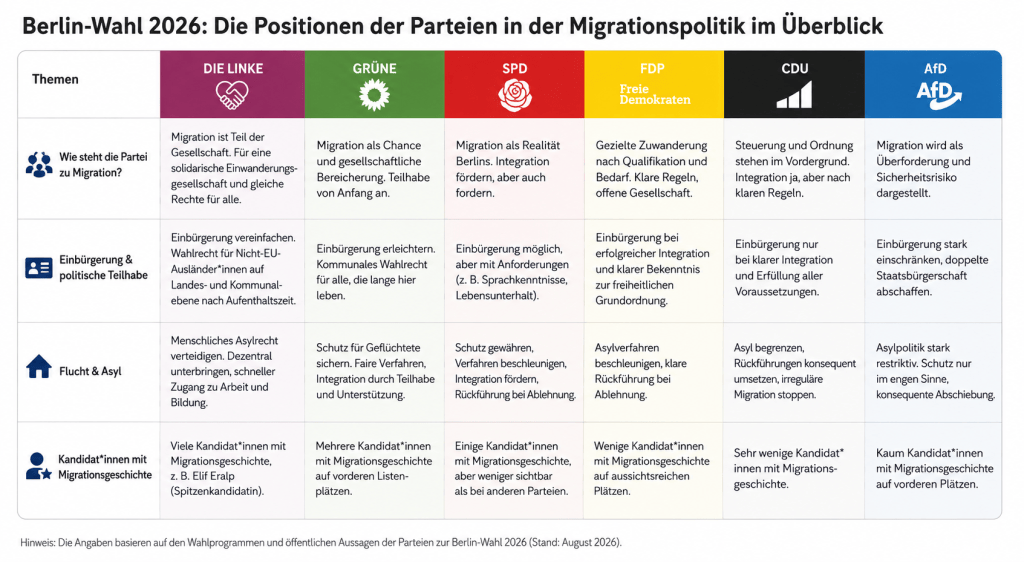 Berlin-Wahl 2026: Vergleich der Parteien bei Migration, Staatsbürgerschaft, Flüchtlingspolitik und migrantischer Teilhabe