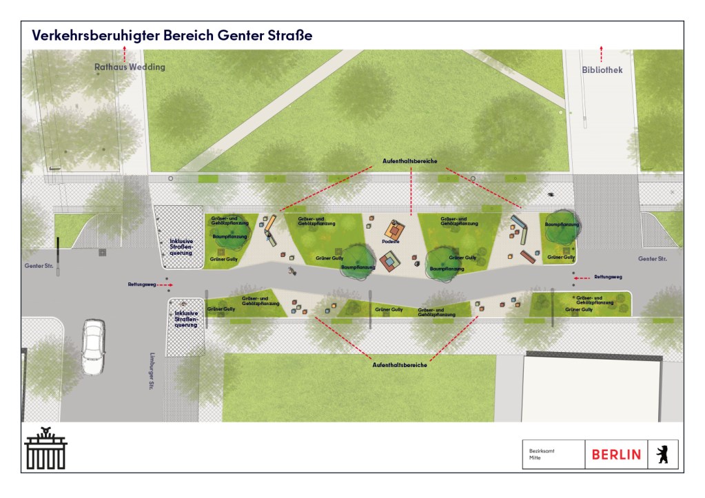 Entwurfsplan für die Genter Straße mit neuen Bäumen, Pflanzflächen, Grünen Gullys und Sitzbereichen.