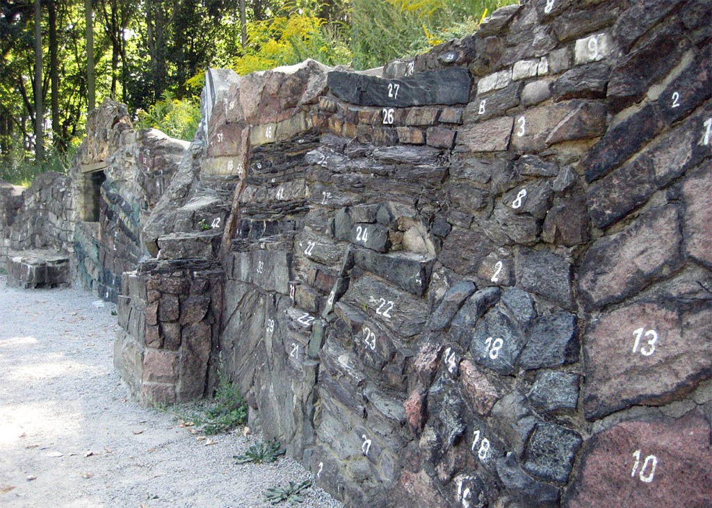 Nummerierte Gesteinsschichten der historischen geologischen Wand im Botanischen Volkspark Blankenfelde-Pankow