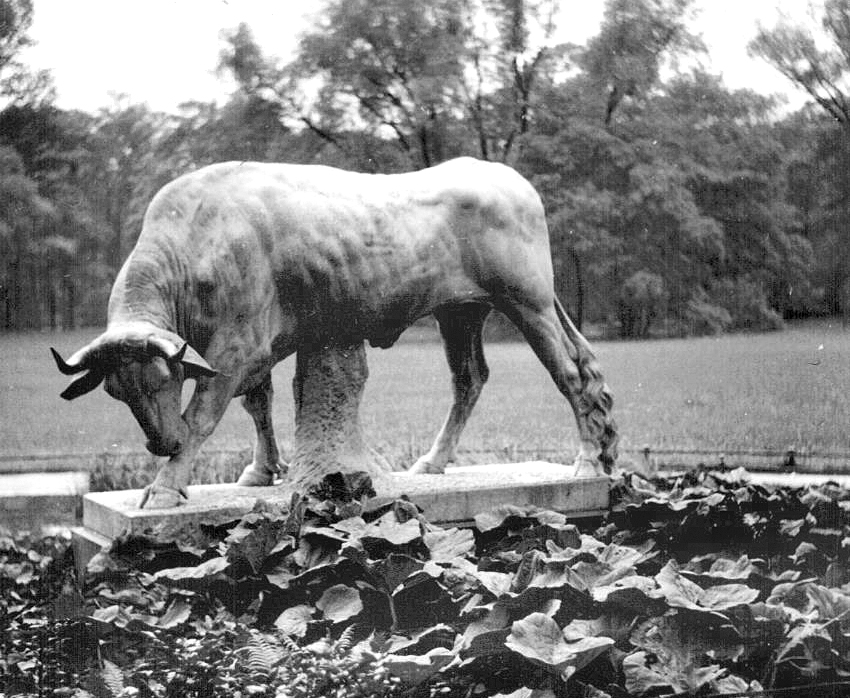 Historische Aufnahme der Marmorskulptur „Der weiße Stier“ im Humboldthain im Jahr 1935